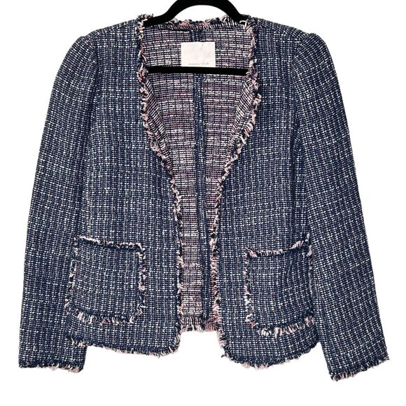 Rebecca Taylor Tweed Open Front Blazer Frayed Trim Navy w/ Pink & White Small - Picture 4 of 11